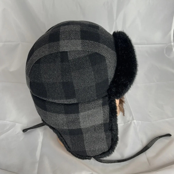 GANKA GKSII Black Grey Plaid Wool Faux Fur Heatlocker Trapper Hat Granola - Picture 5 of 9